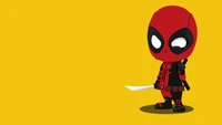 Minimalist Cartoon Illustration of Deadpool with a Sword on a Yellow Background