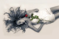 sad girl, lying down, red rose, sad mood, monochrome wallpaper