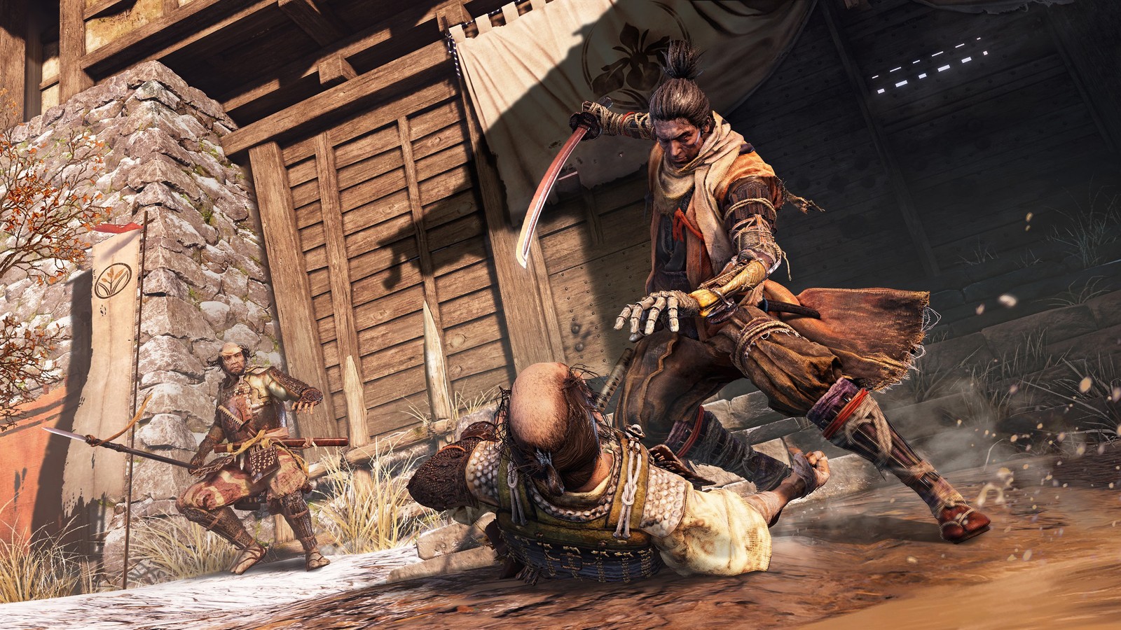 A man in a samurai outfit is fighting with a man in a costume (sekiro shadows die twice, video game)