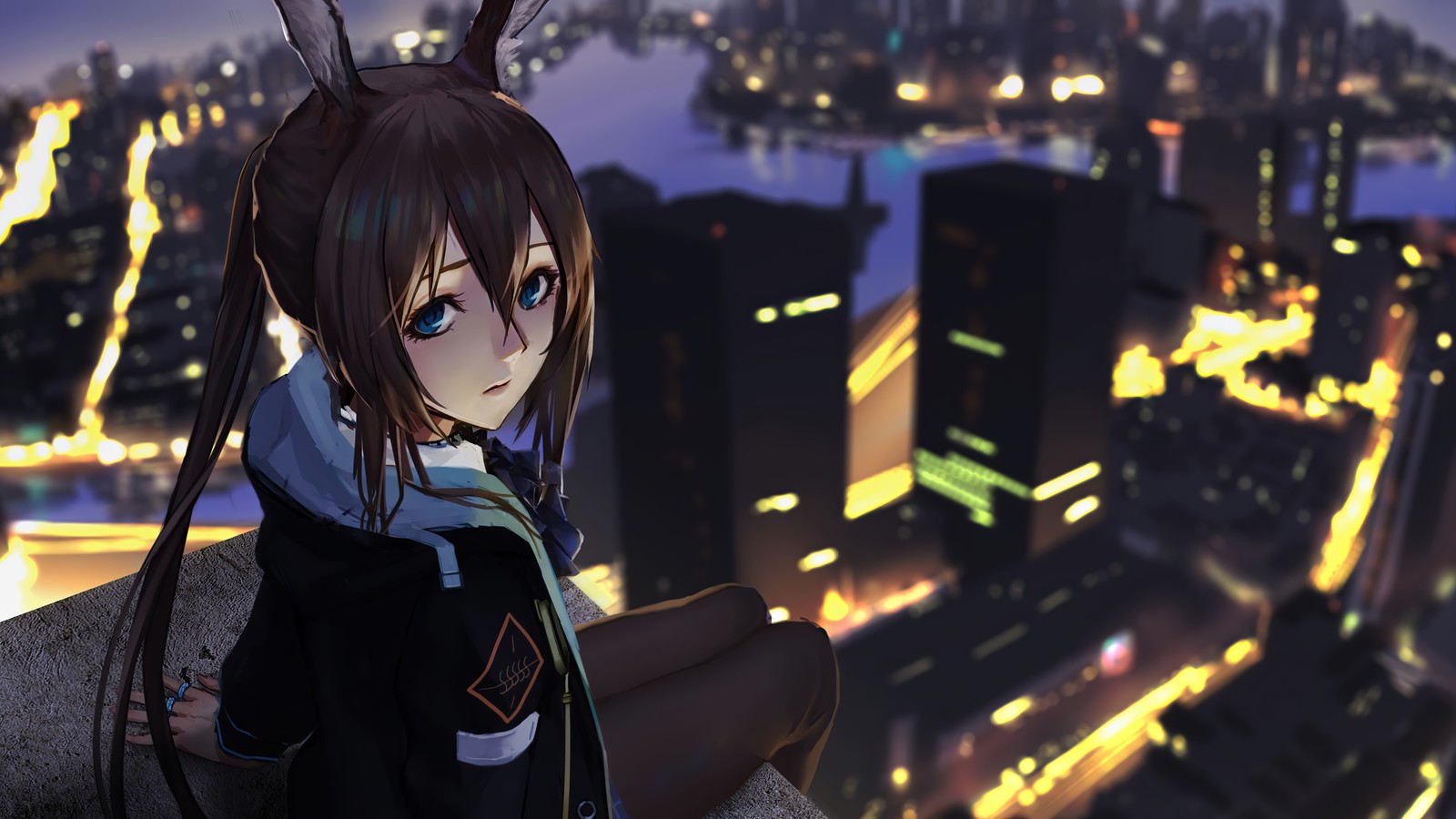 Anime girl sitting on ledge overlooking city at night (amiya, arknights, video game, city, anime girls)