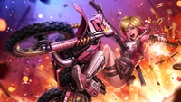 Gwenpool llena de acción en una motocicleta rosa en medio de un caos explosivo