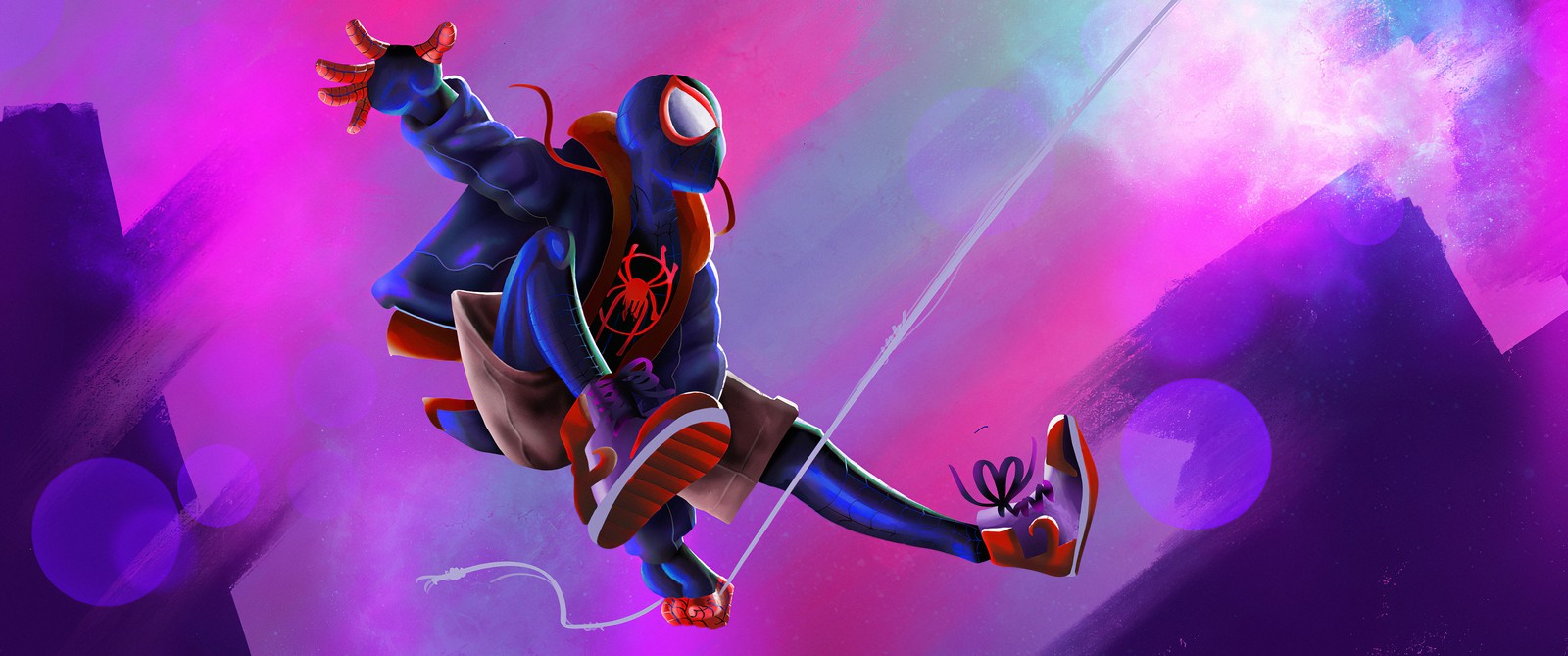 Spider-man dans le spider-verse (miles morales, magenta, super héros, art, cartoon)