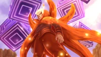 Naruto Uzumaki in Baryon Mode, radiating power with a striking orange cloak and glowing energy.