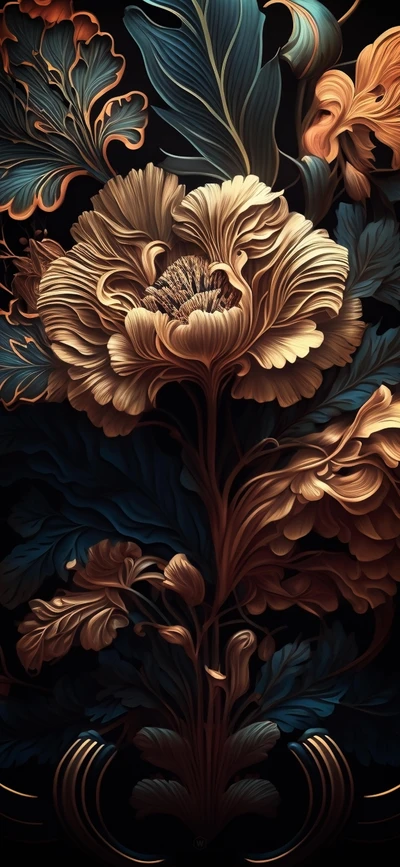 Intricate Floral Abstraction: A Symmetrical Dance of Wood and Petals