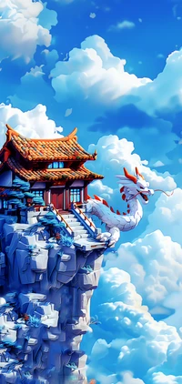 Azure Pagoda and Mythical Dragon Amidst Dreamy Clouds