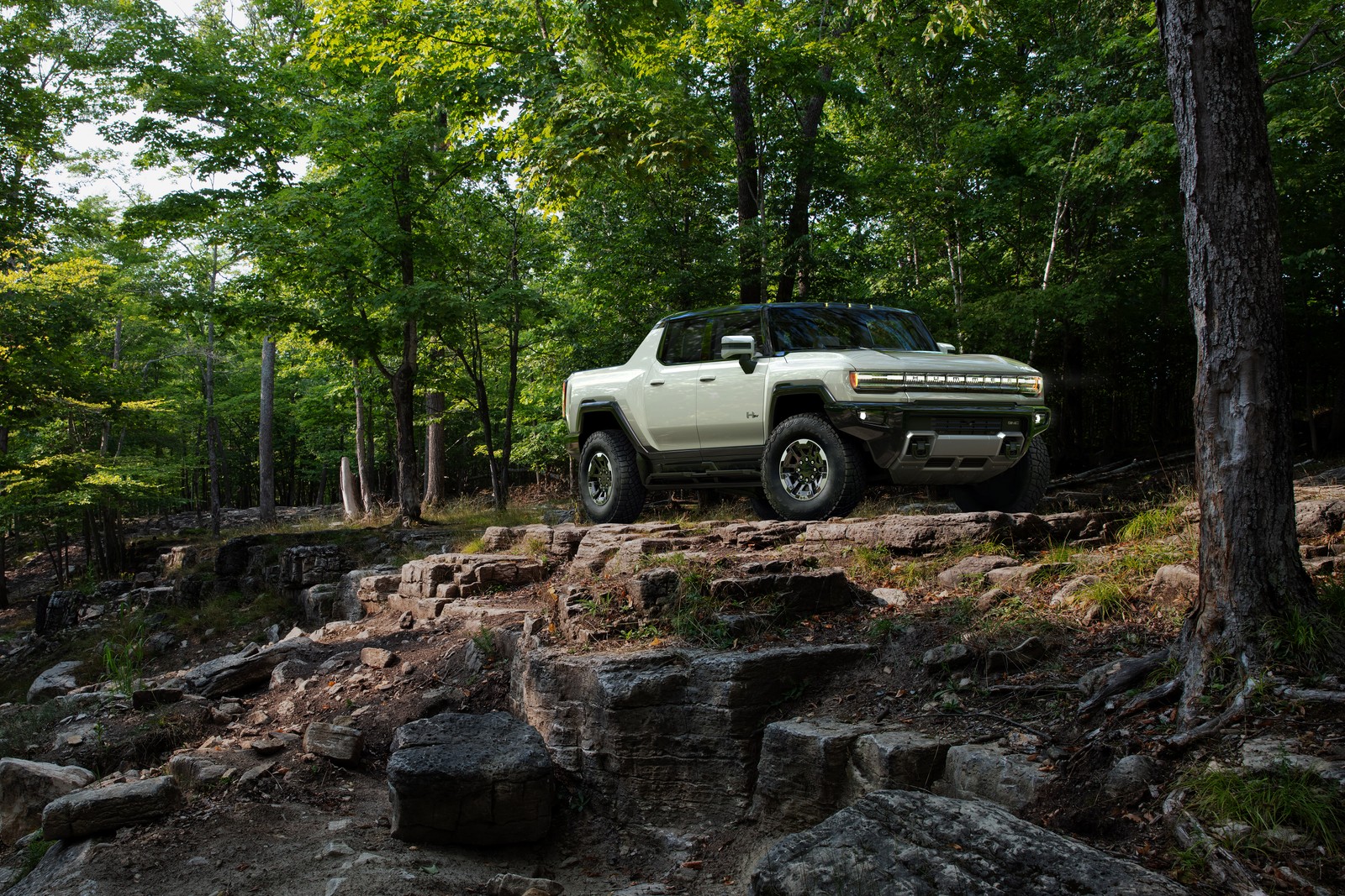 Un camión estacionado en un sendero rocoso en el bosque (gmc hummer ev, bosque, suv eléctrico, todoterreno, suv de lujo)