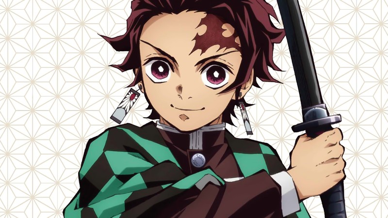 Крупный план человека, держащего меч перед стеной (tanjirou kamado, kimetsu no yaiba, аниме, anime)