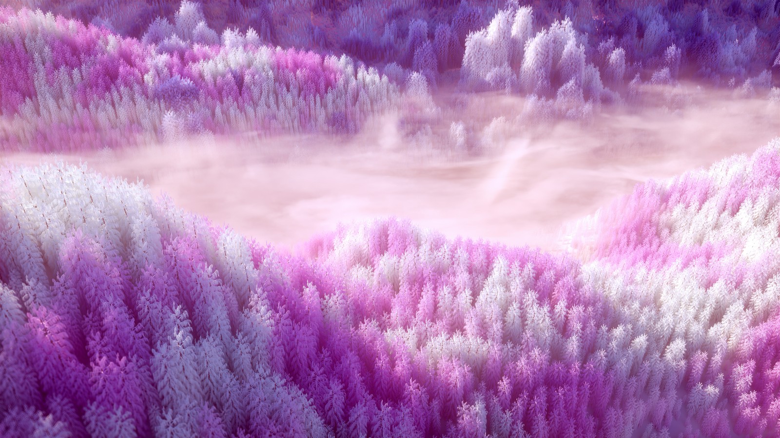 Des arbres violets et blancs dans un champ avec un ciel brumeux (esthétique rose, paysage, surréalisme, rêve, forêt)