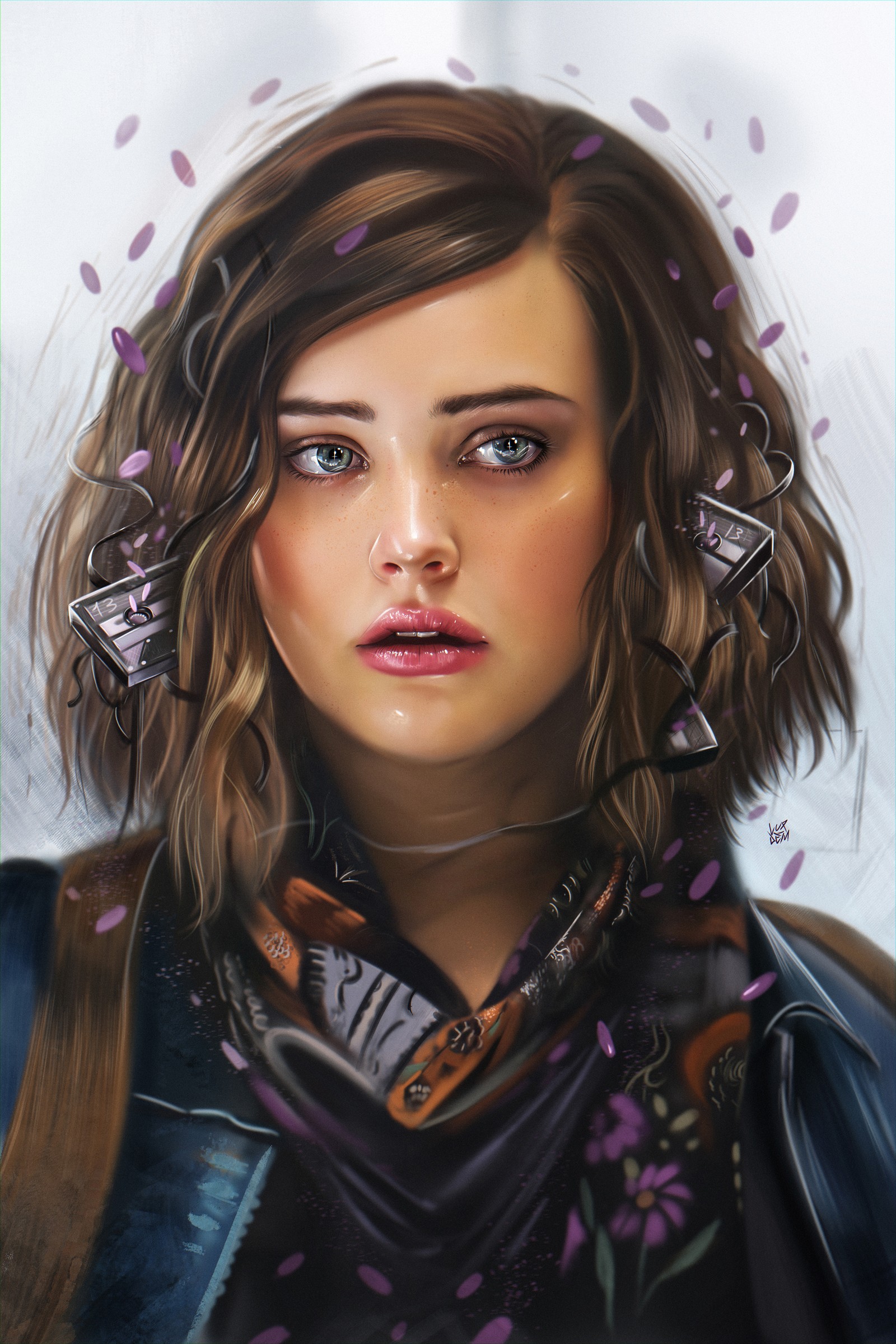 Pintura de uma mulher com um lenço e um cachecol ao redor do pescoço (katherine langford, 13 razões pelas quais, hannah baker, atriz fofa, linda atriz)