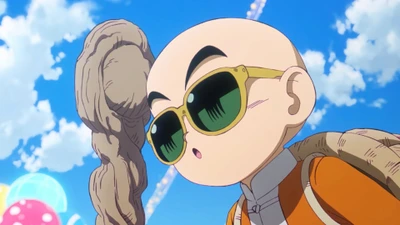 Junger Meister Roshi mit Sonnenbrille und charakteristischer Frisur, vor einem lebhaften blauen Himmel mit flauschigen Wolken, das Wesen von Anime-Abenteuern einfangend.