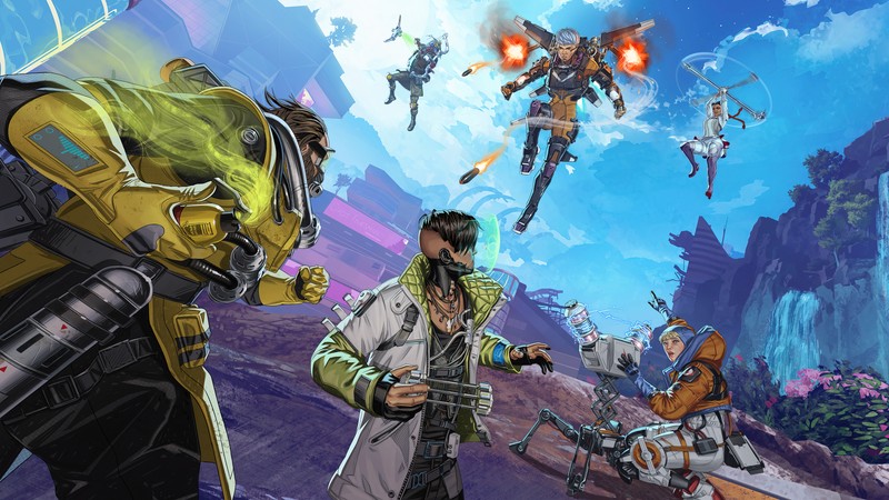 Группа людей в научно-фантастическом космическом окружении (apex legends, видеоигра, персонаж, битва)