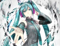 Hatsune Miku mit einem stilvollen Hime-Schnitt, Kopfhörern und einem Mikrofon, umgeben von digitalen Musikelementen, die das Wesen der Vocaloid-Kultur verkörpern.