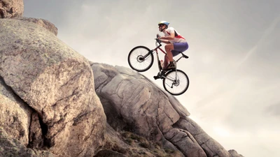 Ciclista de montanha executando um salto estilo livre sobre terreno rochoso