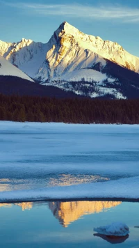 Réflexion hivernale des majestueuses montagnes au lac Maligne