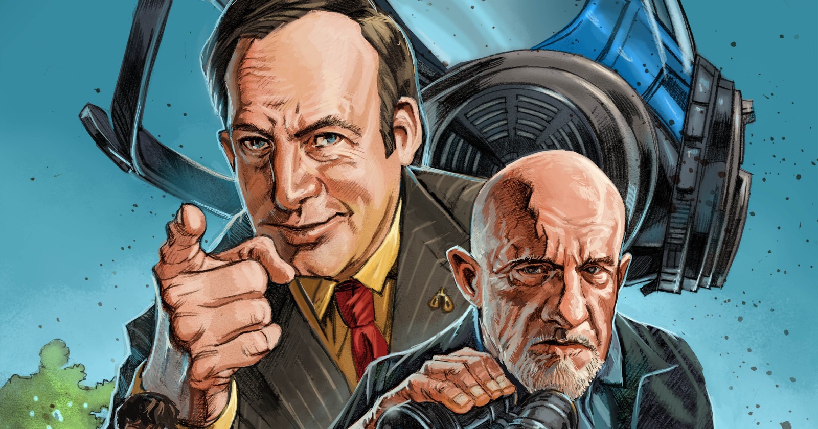 Ein cartoon von zwei männern in anzügen, die auf etwas zeigen (better call saul, breaking bad, saul goodman, comic, comics)