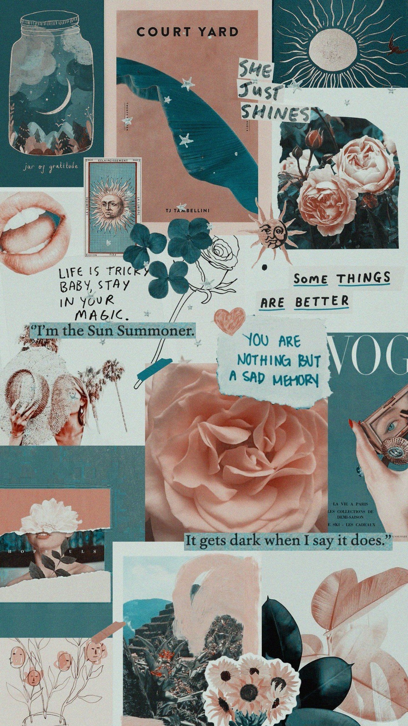 A close up of a collage of images of flowers and words (love, pink, vintage)