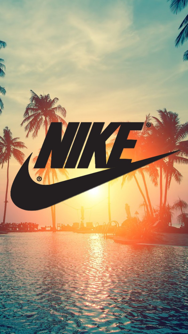 Логотип nike на тропическом фоне с пальмами (nike, логотип nike, обои nike, закат nike, закат)