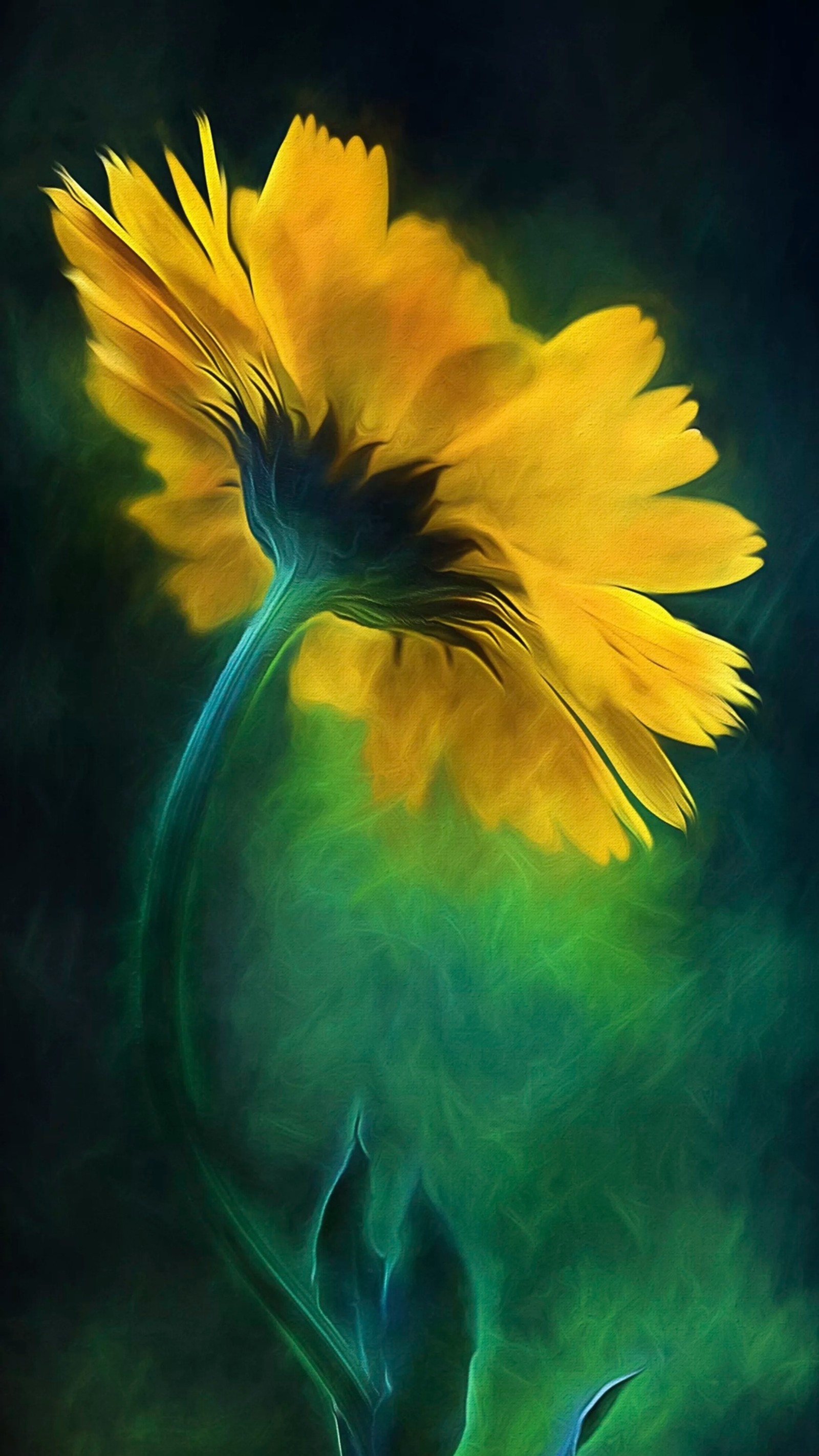 Painting of a yellow flower with a green background (abstract, color, drawings, flower, green)