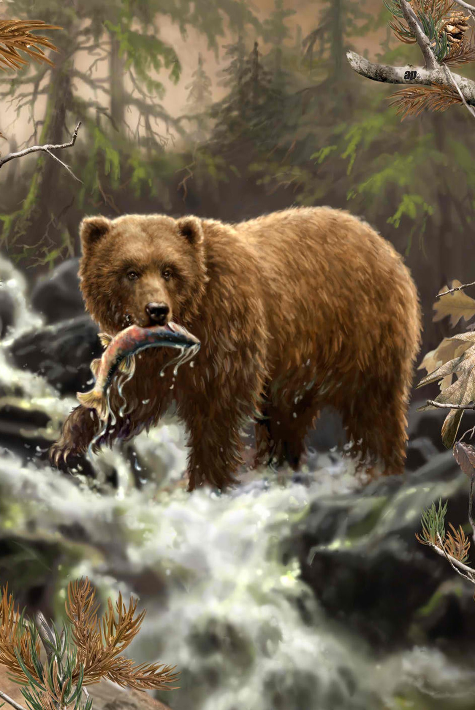 Peinture d'un ours avec un poisson dans la bouche dans une rivière (ours, poisson, ruisseau, sauvage)