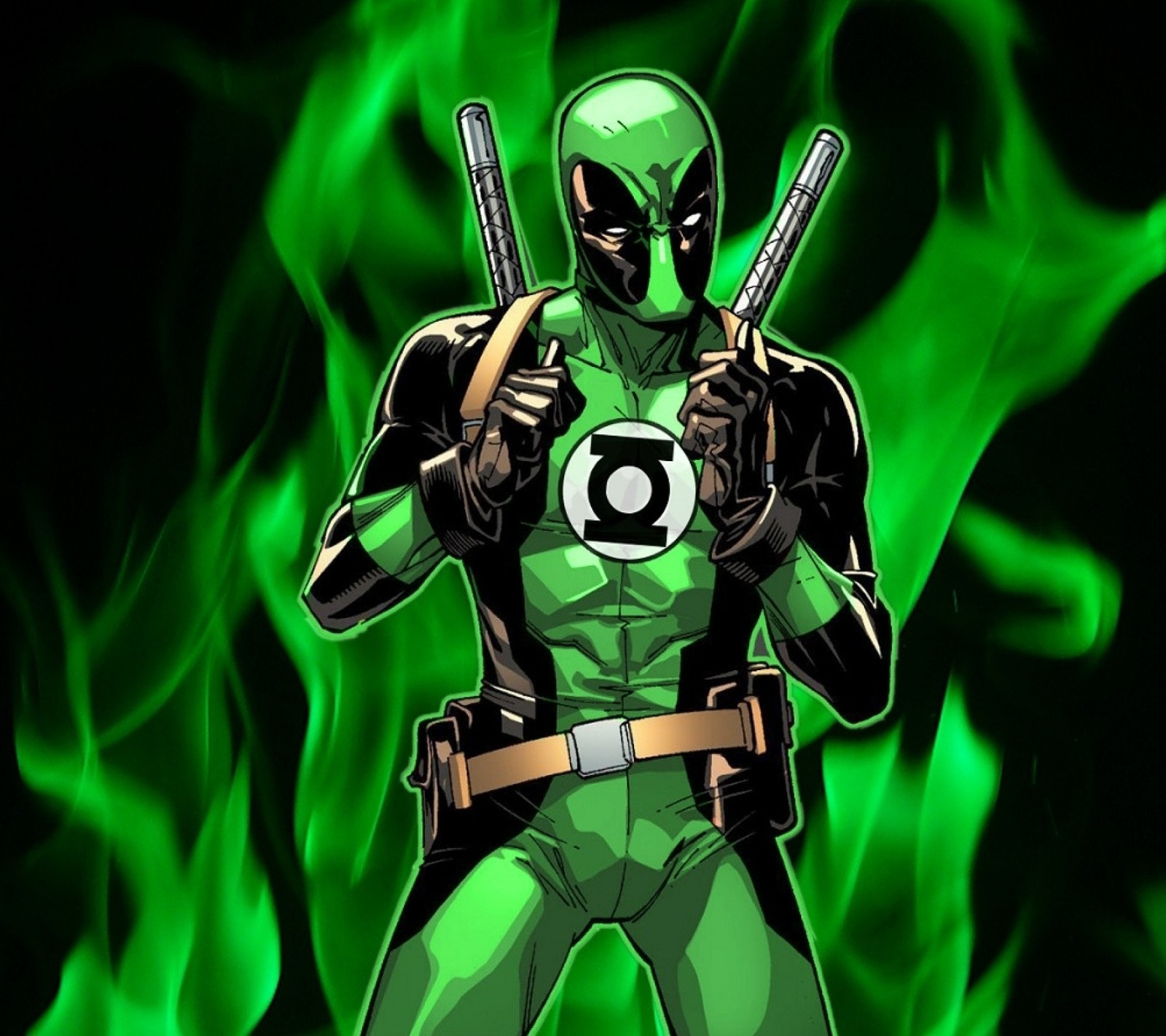 A green lanterner with two guns standing in front of a green flame (cartoons, green lantern)