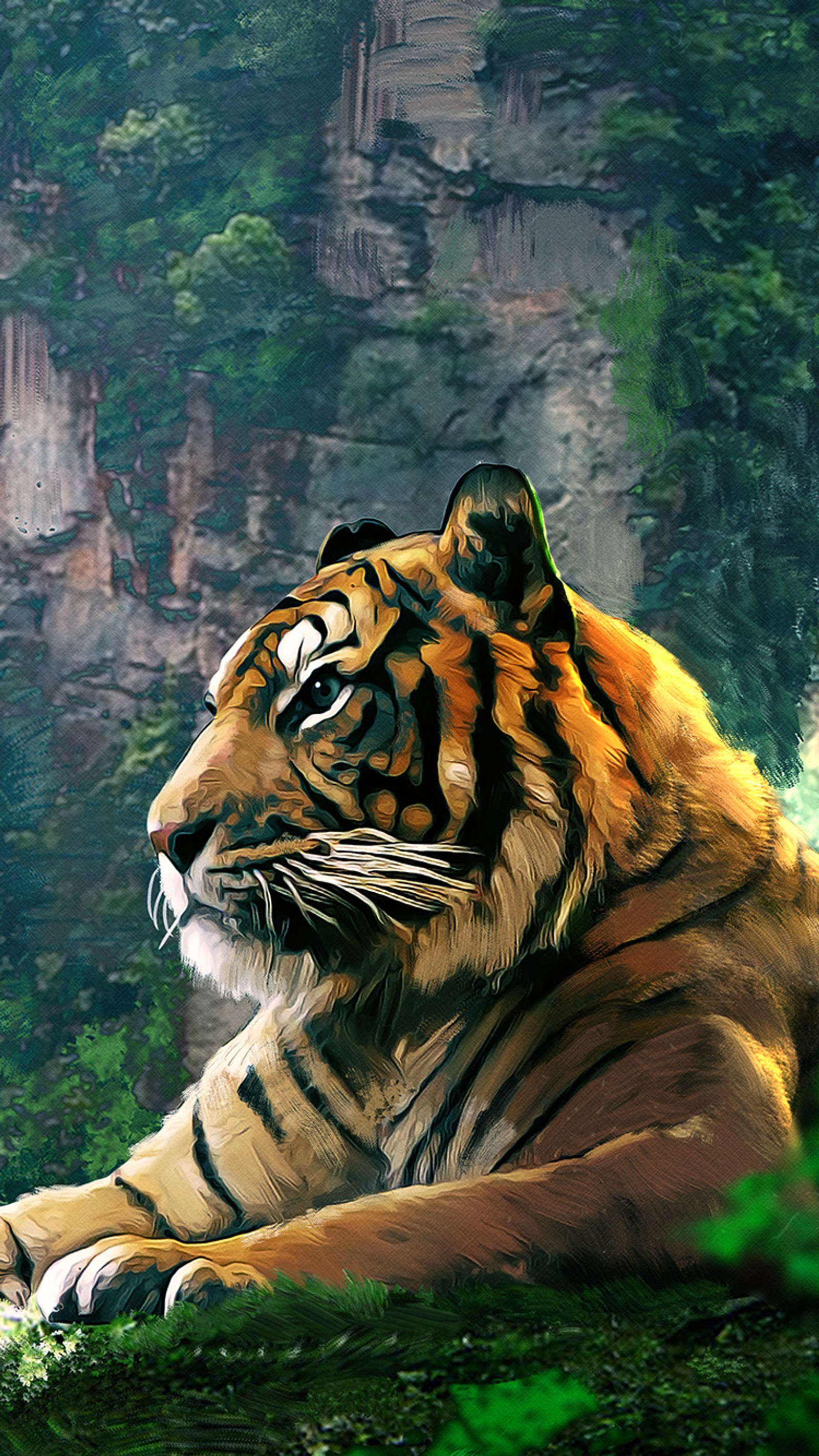 Pintura de um tigre deitado na grama perto de uma cachoeira (animal, arte, pintura, tigre, selvagem)