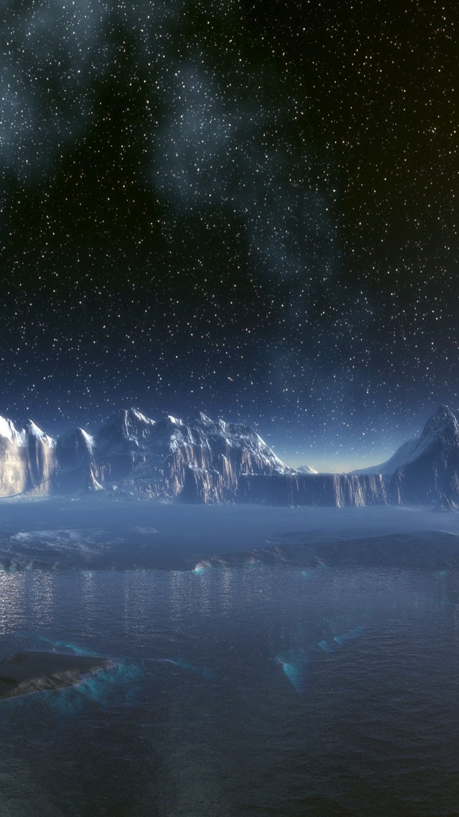 Una vista amplia de un paisaje distante con una cadena montañosa en la distancia (noche, cielo)