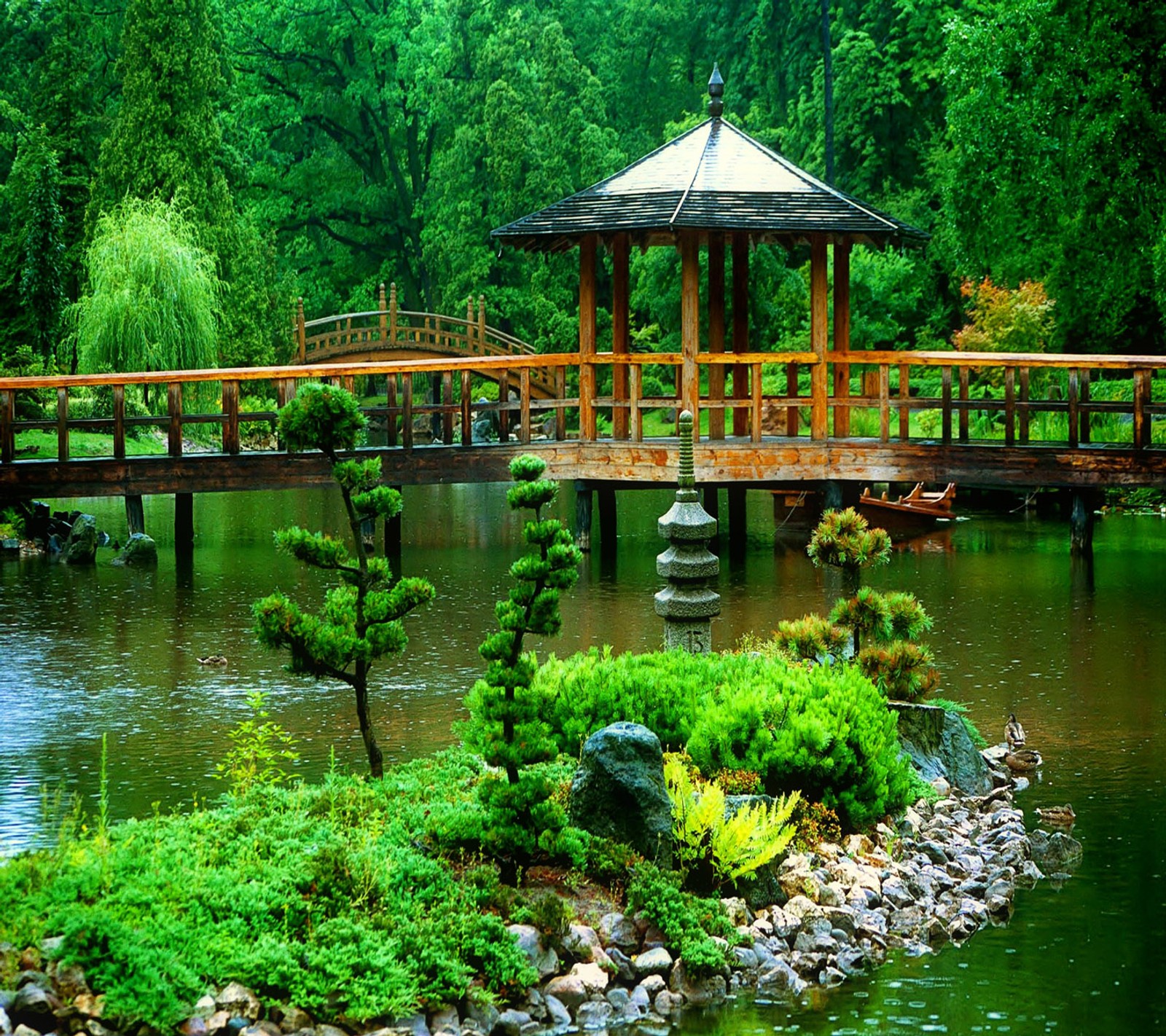 There is a gazebo in the middle of a pond surrounded by trees (garden, green)