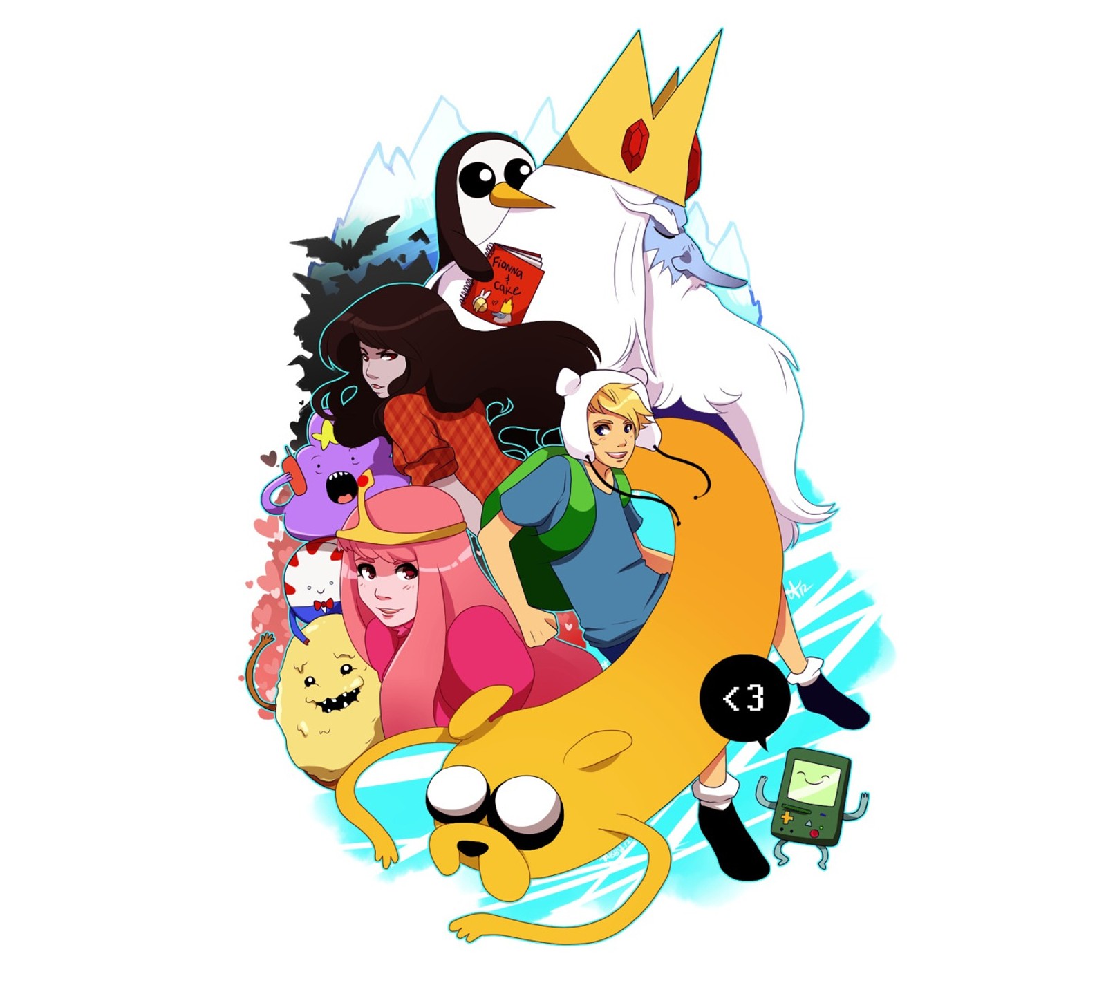 Uma imagem de cartoon de um grupo de pessoas com um cachorro e um gato (aventura, finn, jake, minimalista, tempo)