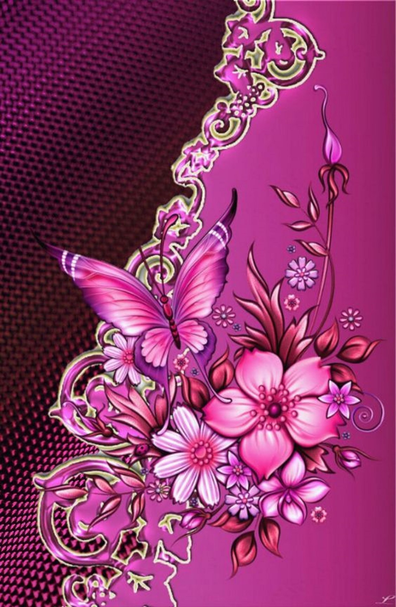 A purple background with a butterfly and flowers on it (flowers, butterfly)