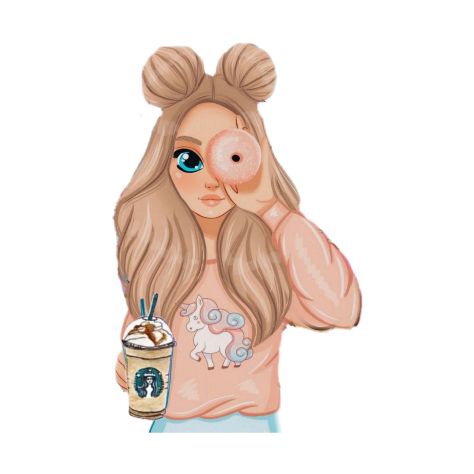 Chica de dibujos animados con una taza de café y un unicornio (lindo, niña)