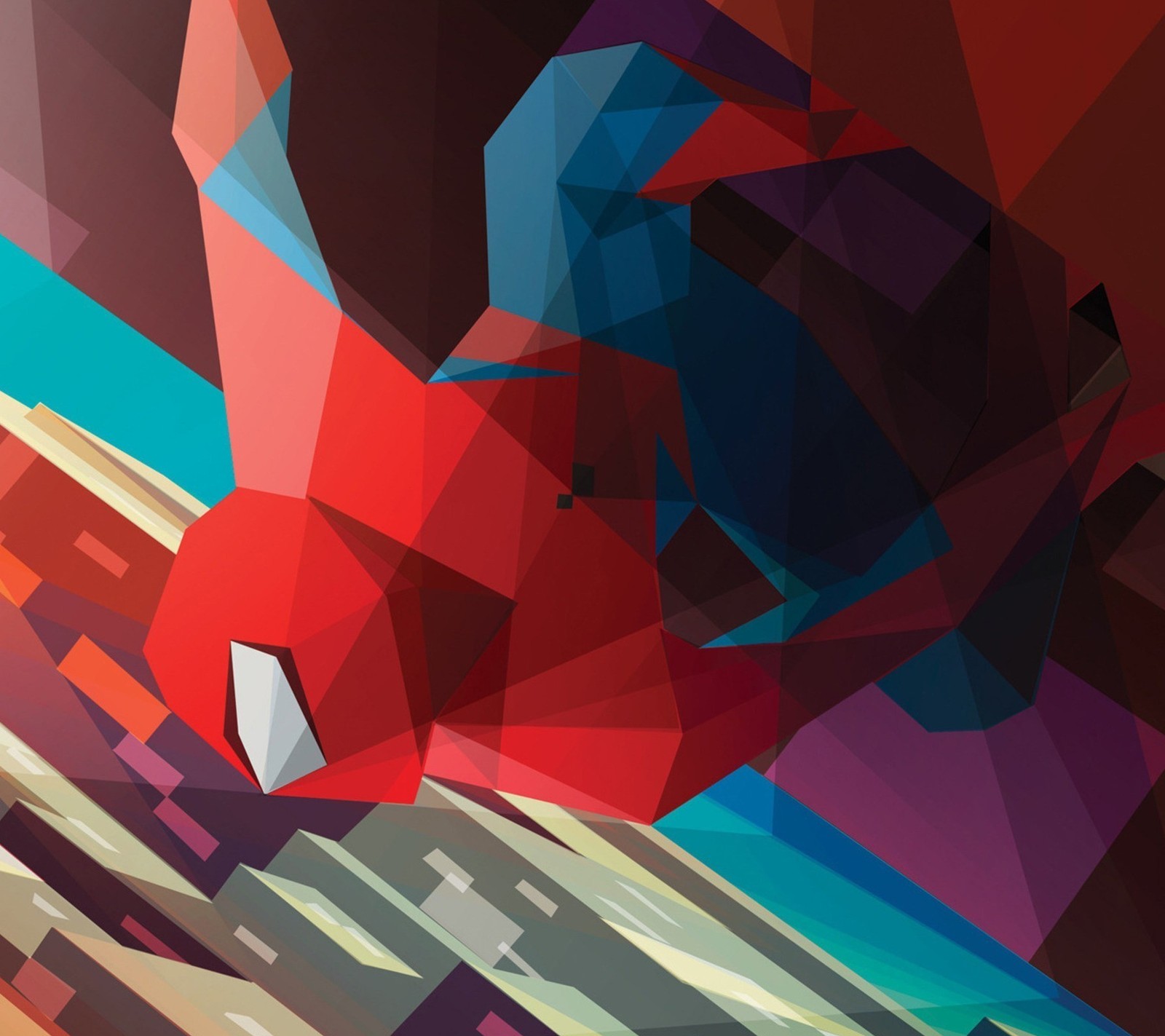 L'homme araignée dans un style d'art low-poly avec un fond rouge et bleu (marvel, spiderman)