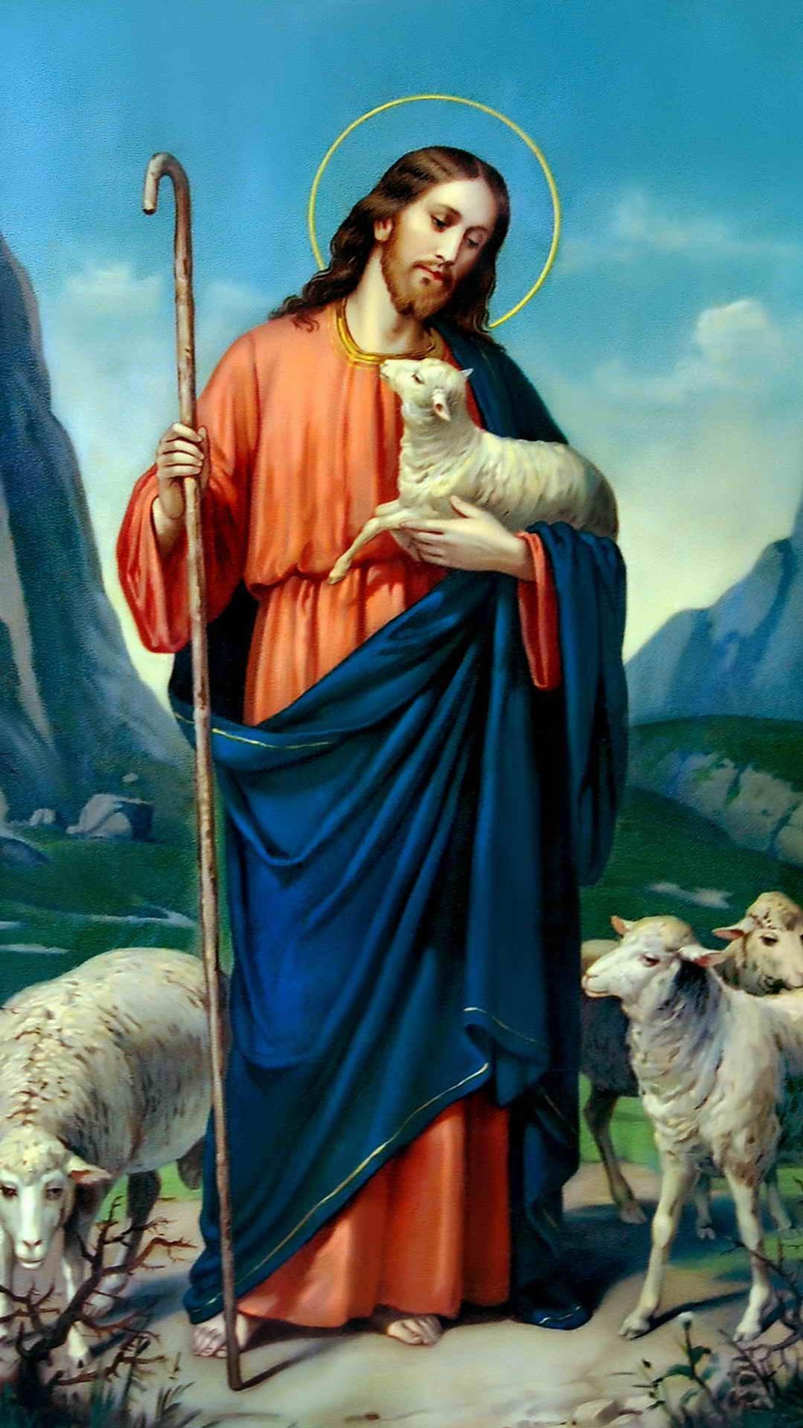 Jesus com ovelhas e cordeiros em uma paisagem montanhosa (anjo, anjos, cristão, cristianismo, fé)