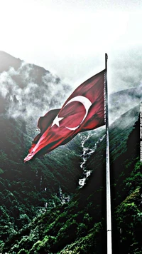 Turkish Flag Against a Mountainous Landscape