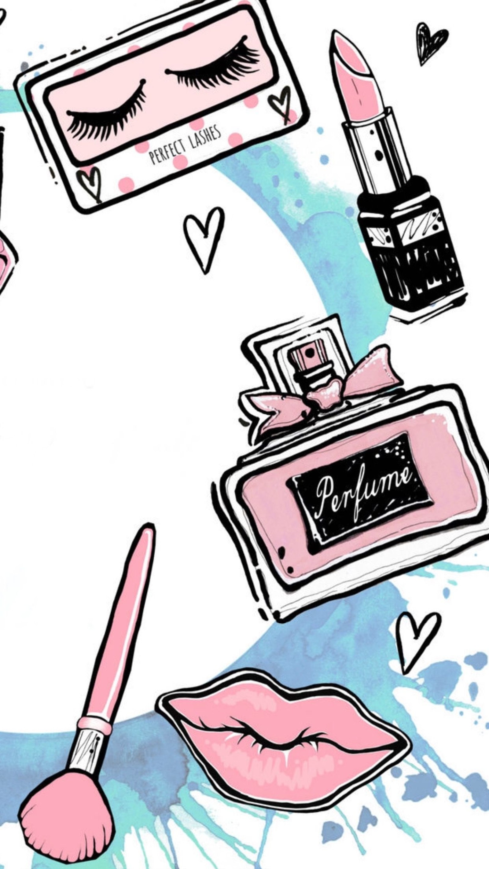 A close up of a drawing of a lipstick, mascara, and other items (drawing, girly, love, makeup)