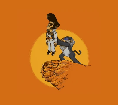 Elvis and the Monkey: A Whimsical Illustration Against a Bold Orange Background