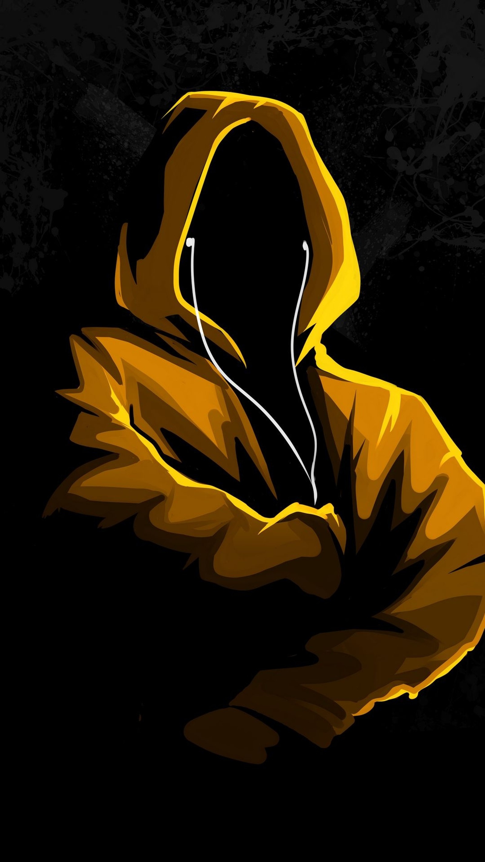 There is a man in a yellow hoodie with earphones on (face, hacker, mask, vader)