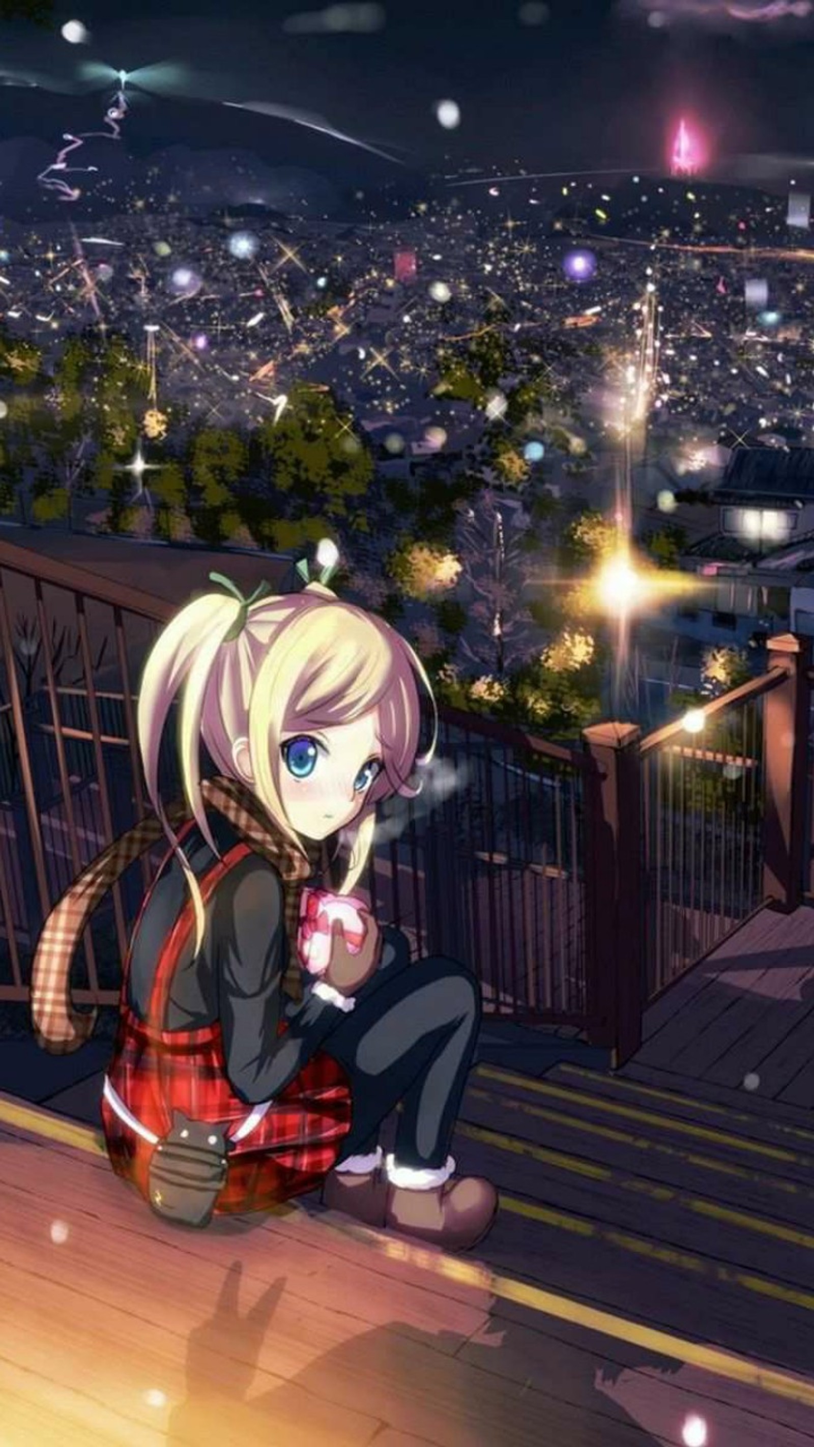 Menina de anime sentada em um parapeito olhando para a cidade (chibi, fofo, fofinho, menina)