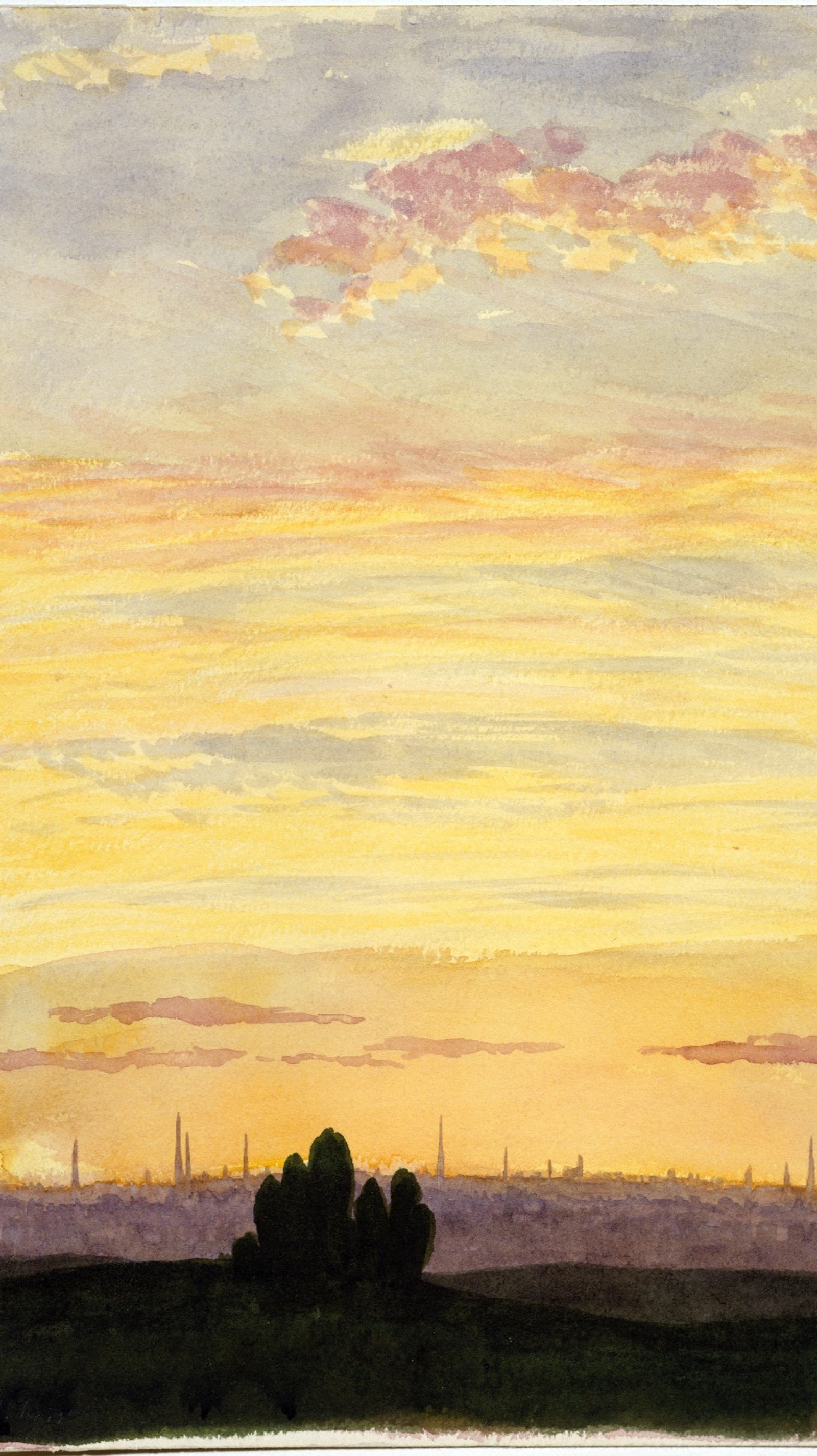 Painting of a sunset with a few trees in the foreground (american, drawing, watercolor)