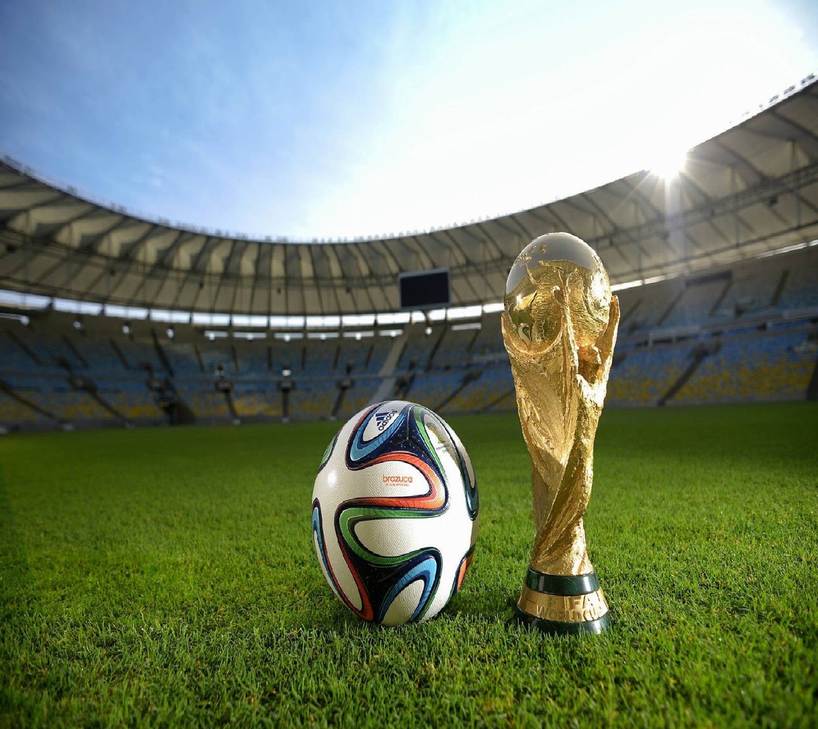 Araffe ball and trophy on the grass in a stadium (brazil, world cup)