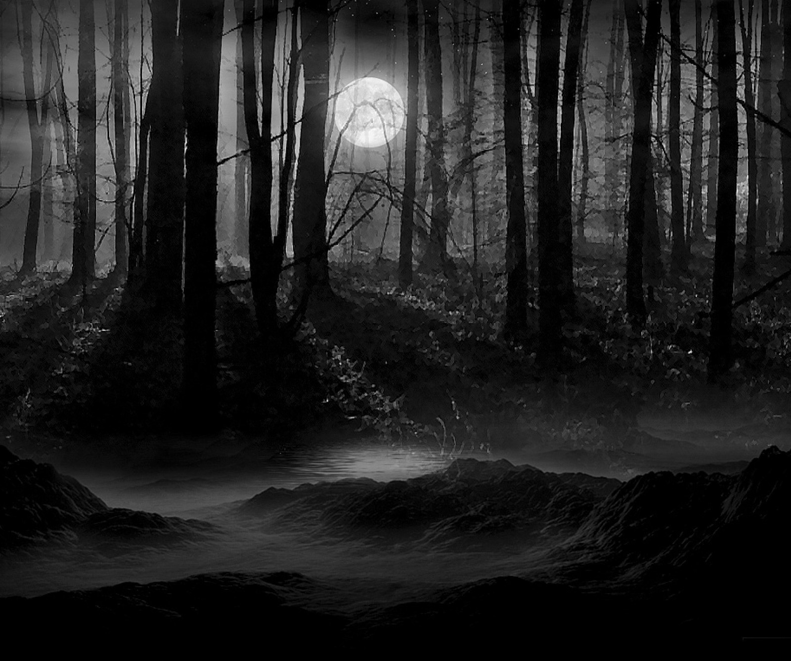 A black and white photo of a dark forest with a full moon (haunted, moon, night, trees, woods)