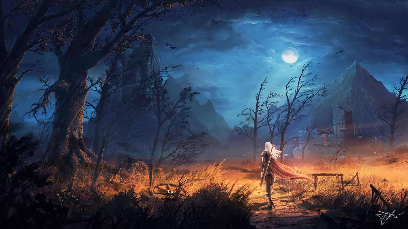 A man walking through a dark forest at night with a full moon (warrior, fantasy, night, full, moon)