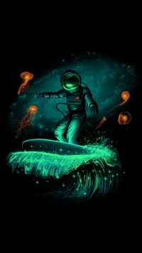 An astronaut surfing an electric blue wave amidst glowing jellyfish in a cosmic underwater realm.