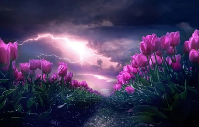 Stormy Pathway Through Pink Tulips Under Lightning