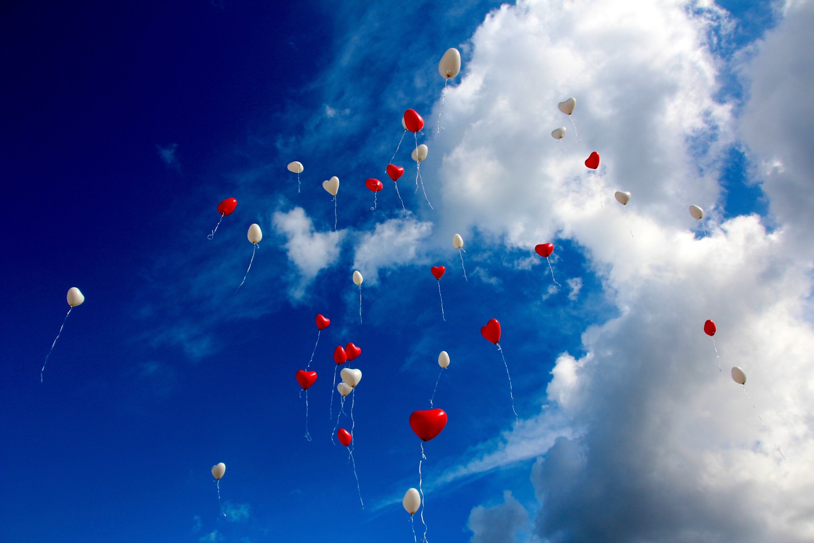 Des ballons dans l'air avec des ballons rouges et blancs flottant dans le ciel (ballon, cœur, bleu, nuage, journée)