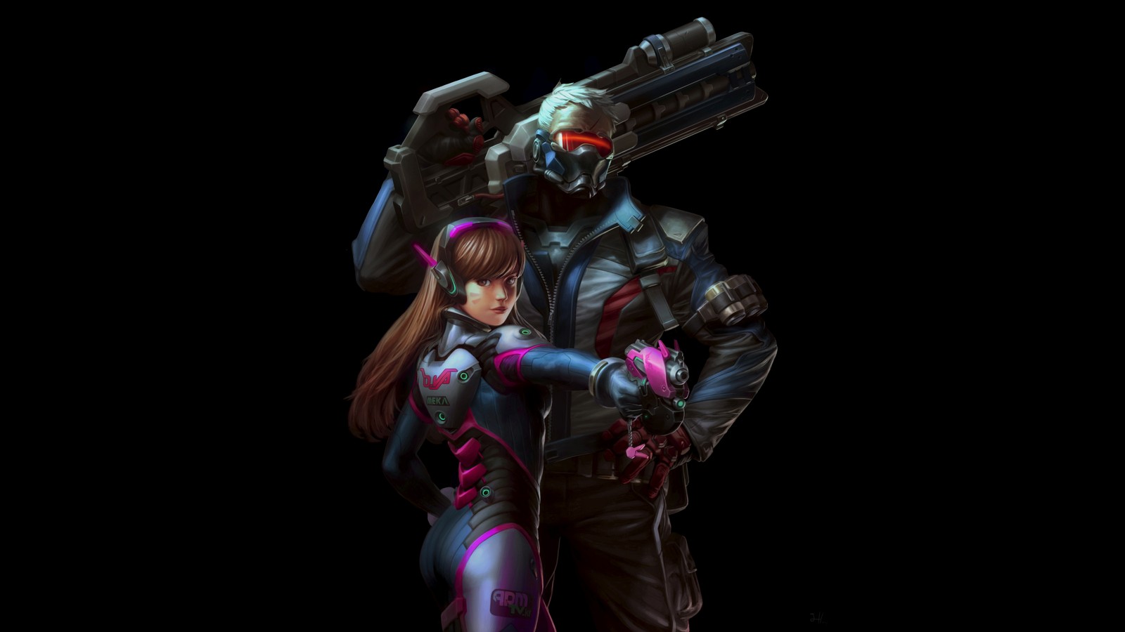 A man and woman in armor holding guns on a black background (dva, soldier 76, overwatch, concept art, black background)