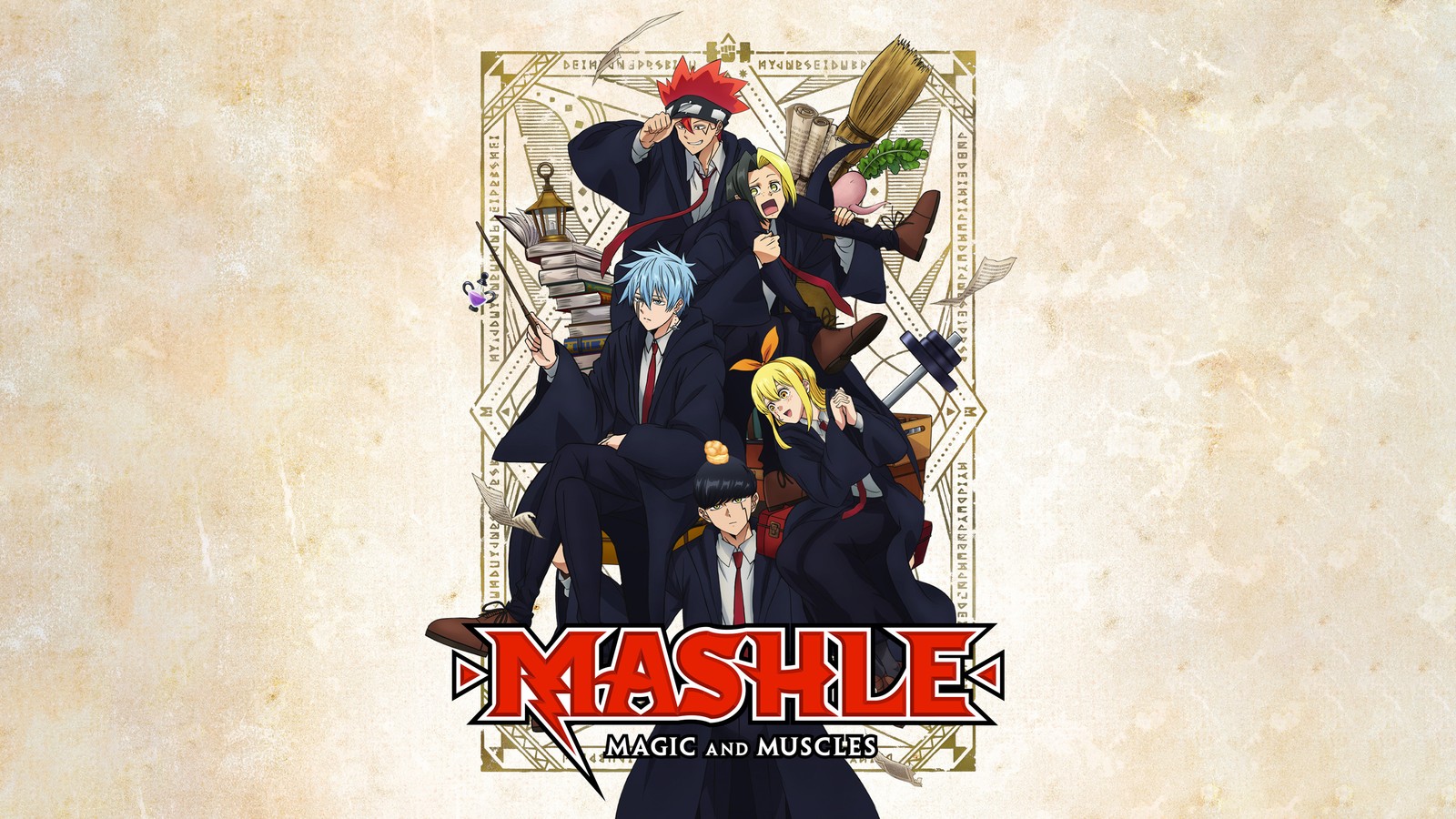 A group of anime characters sitting on top of a chair (mashle magic and muscles, anime series, dot barrett, finn ames, lance crown)