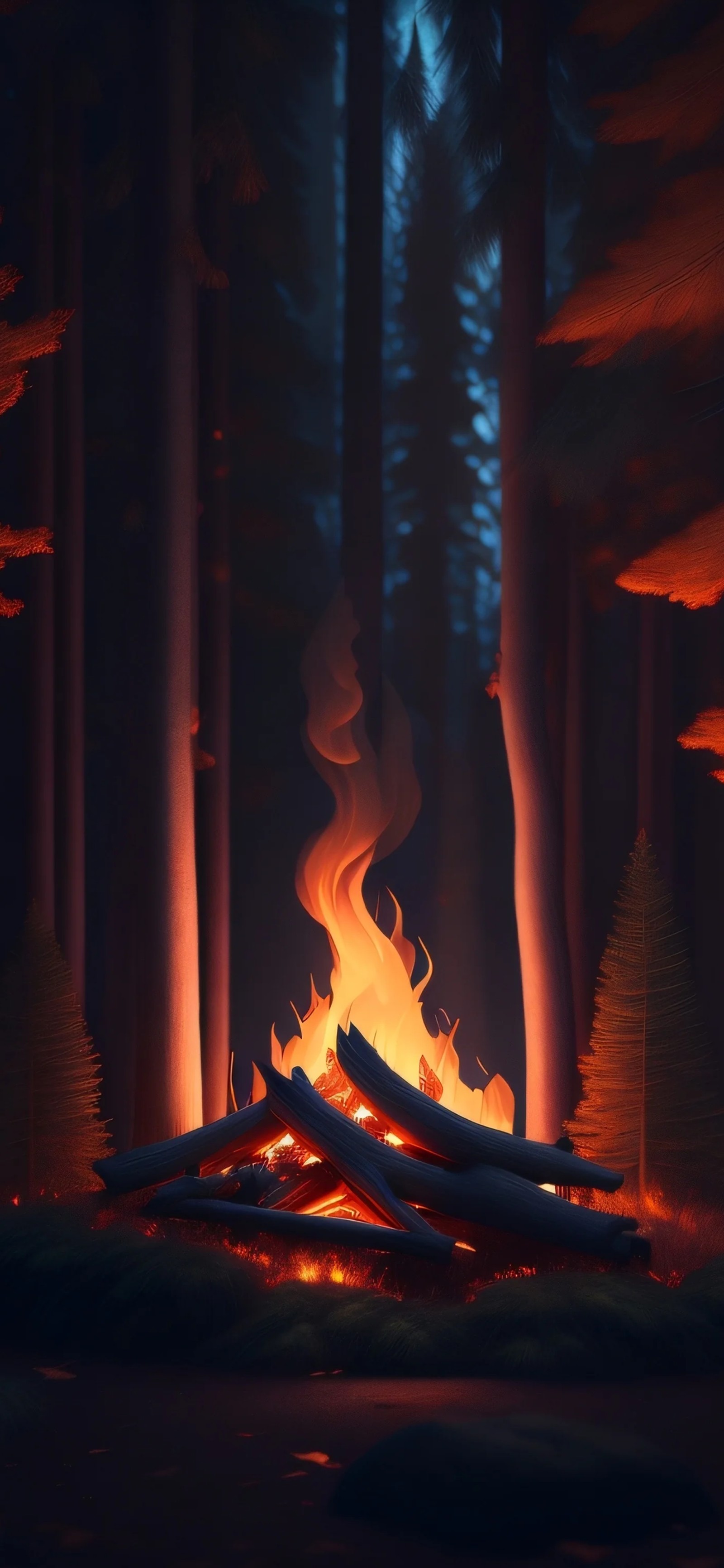 There is a fire in the middle of a forest with trees (heat, plant, world, flame, fire)