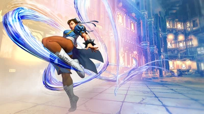 Chun-Li dans une pose d'action dynamique avec une énergie tourbillonnante, sur un fond vibrant et stylisé de Street Fighter V.