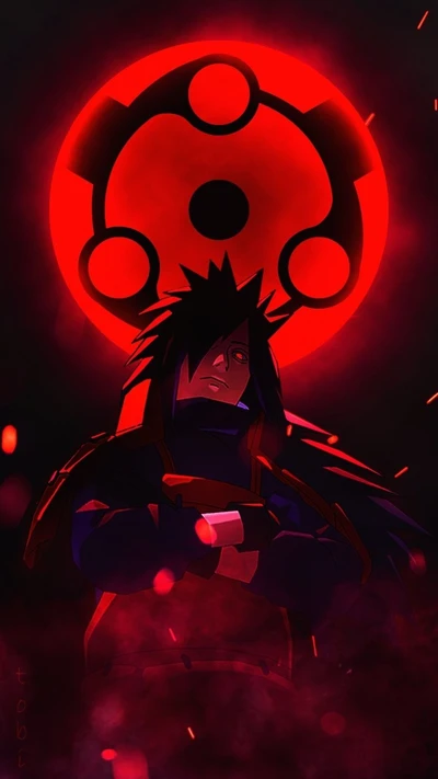 Madara Uchiha dans une représentation artistique sombre avec un fond rouge frappant, incarnant le pouvoir surnaturel et l'intensité.