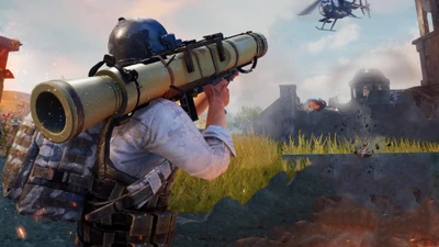 Acción intensa en PUBG: Jugador apuntando con lanzacohetes a helicóptero